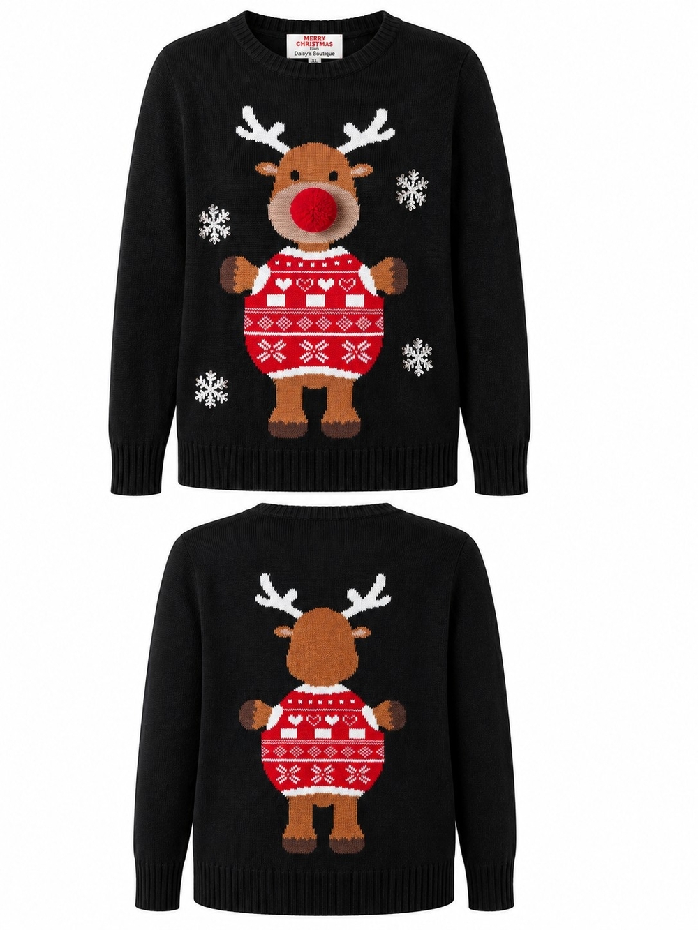 DAISYS BOUTIQUE | Reindeer 3D Sequin Snowflake Ugly Christmas Sweater | XL
